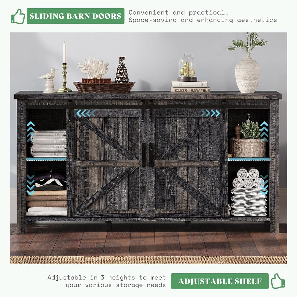 AMERLIFE 60" Farmhouse 4-Drawer Dresser with Barn Doors, Black Oak