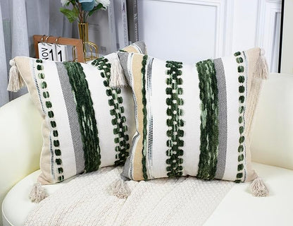PANOD Chenille Farmhouse Throw Pillow Covers 16 x 16 Dark Green, Neutral Boucle by PANOD