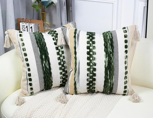 PANOD Chenille Farmhouse Throw Pillow Covers 16 x 16 Dark Green, Neutral Boucle by PANOD