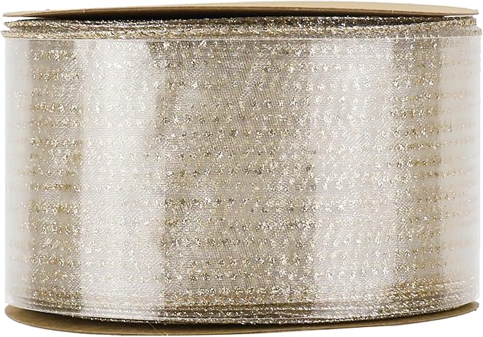 MEEDEE Champagne Gold Wired Ribbon 2.5 Inch Horizontal Stripes Glitter Polka - Image 9