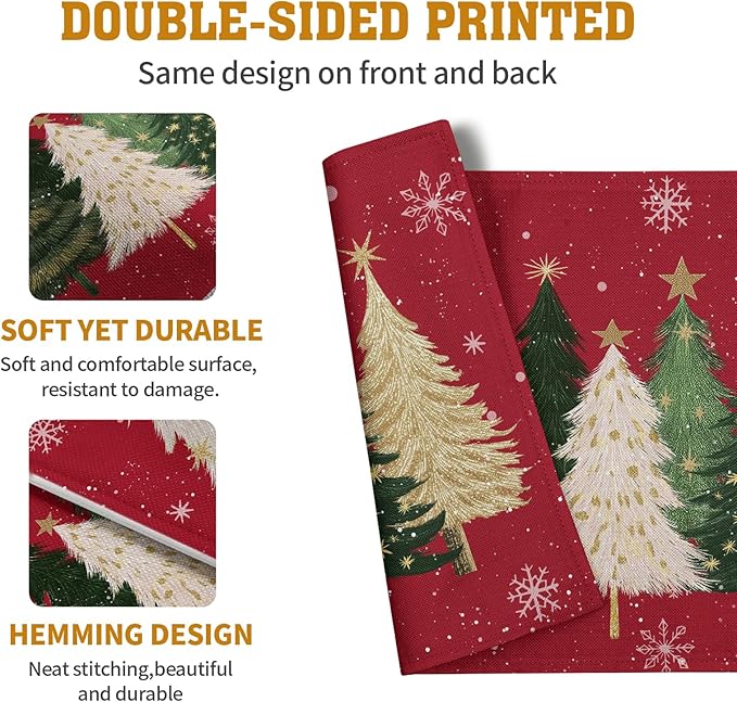 Red Christmas Tree Placemats Set of 4, 12x18 Inch Xmas Trees Snowflakes Winter - Image 5