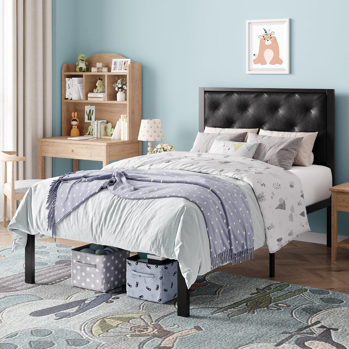 sha cerlin twin size metal bed frame with, front angle view