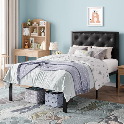 sha cerlin twin size metal bed frame with, front angle view