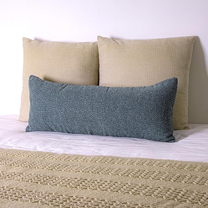 14x36 Boucle Lumbar Pillow Cover, Dusty Blue Woven Texture Neutral Long Pillow - Image 9