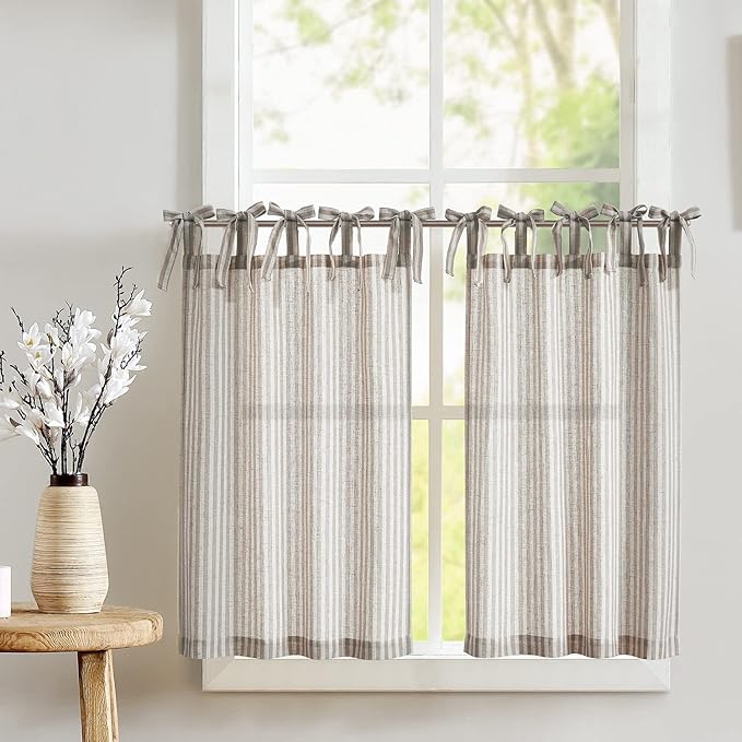 jinchan Tie Top Linen Kitchen Curtains 24 Inches Striped Tier Curtains by JINCHAN