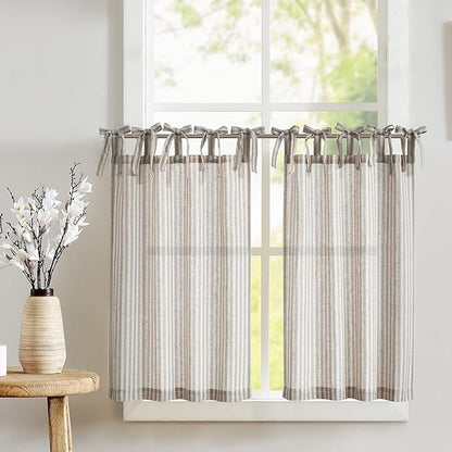 jinchan Tie Top Linen Kitchen Curtains 24 Inches Striped Tier Curtains by JINCHAN