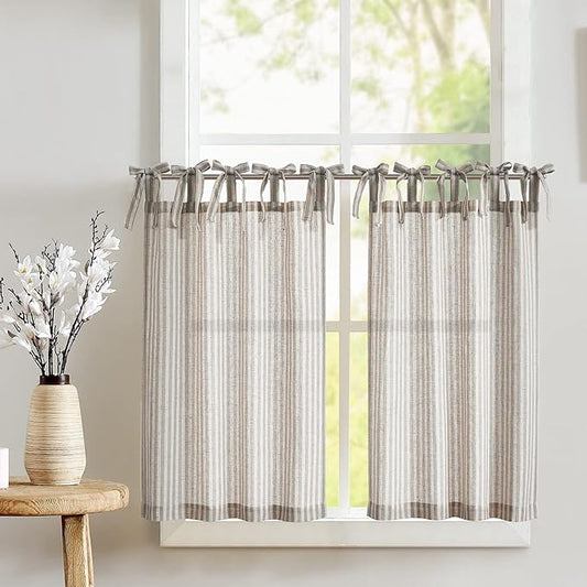 jinchan Tie Top Linen Kitchen Curtains 24 Inches Striped Tier Curtains by JINCHAN
