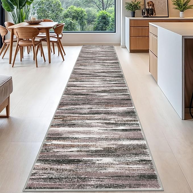 Modern Abstract Runner Rug 2.6x16, Dark Light Brown White Washable Long Kitchen - Image 2