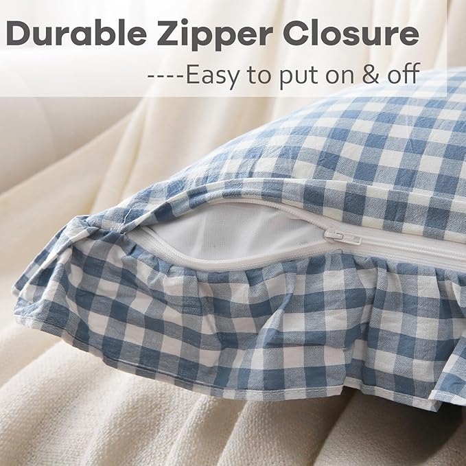 2 Pack Dust Blue White Plaid Ruffle Euro Throw Pillow Covers, 100% Cotton - Image 4
