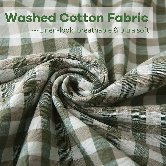 2 Pack Sage Green Gingham Ruffle Pillow Shams King Size, 100% Washed Cotton - Image 6