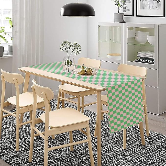 Retro Checkered Table Runner, Cute Pink Green Checkerboard Vintage Hippie - Image 2