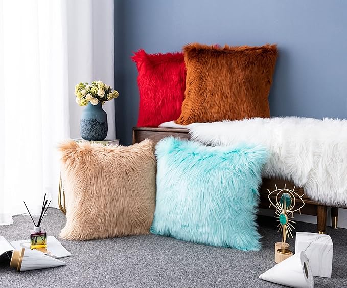 LIGICKY Set of 2 Decorative Red Lumbar Fluffy Throw Pillow Cover Faux Fur Shams - Image 3