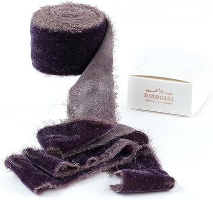 Plum Velvet Ribbon 1.5 Inch Frayed Silk Velvet Rustic Mauve Purple Christmas by DINDOSAL