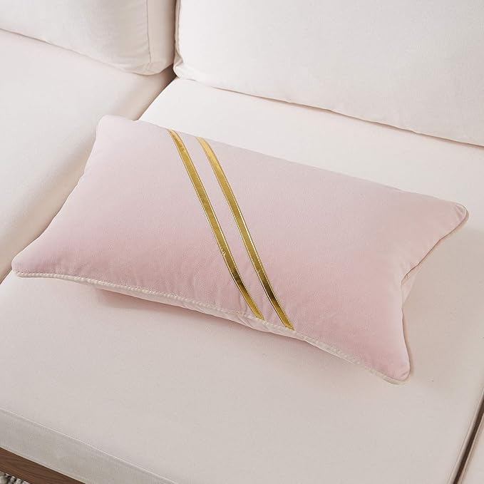 Avigers 12 x 20 Inch Pink Gold Leather Striped Lines Velvet Cushion Case Luxury - Image 3