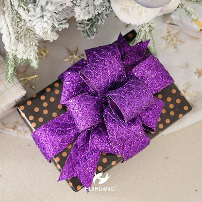 HUIHUANG Purple Wired Christmas Ribbon 4 inch Purple Glitter Wired Ribbon - Image 7