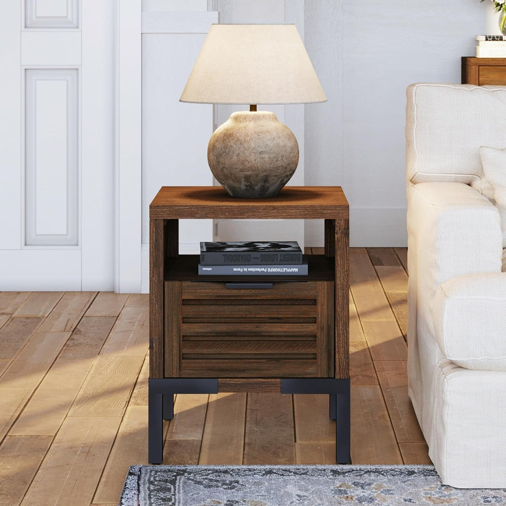 Bme Millie Solid Acacia Wood Rustic Nightstand with Drawers & Open Shelf,...