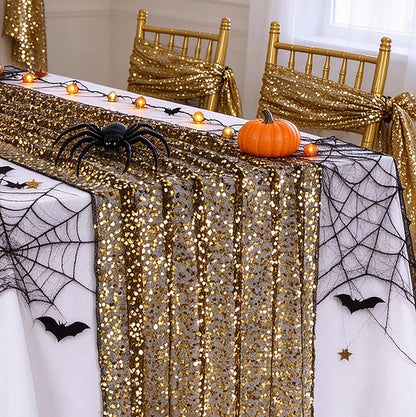 Black Gold Sequin Table Runner Rectangular Glitter Halloween Party Reusable