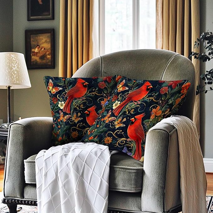 Cardinal Bird Throw Pillow Covers 18x18 Set of 2 | Red Birds Cushion Covers - Image 2