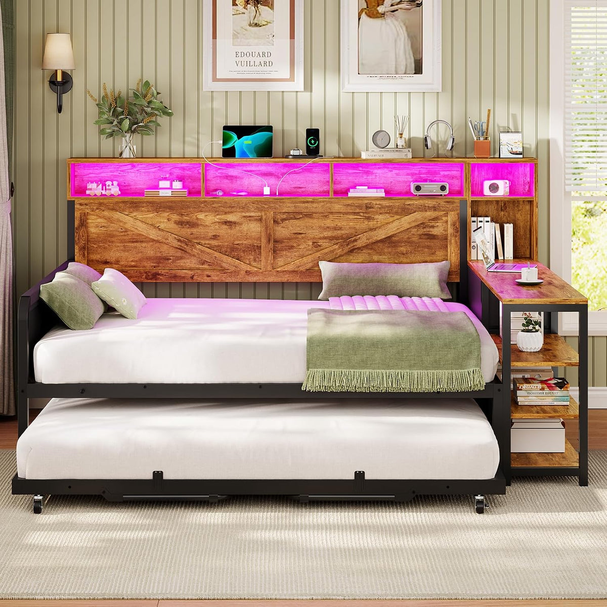 viagdo daybed with pop up trundle, farmhouse wooden shown in use