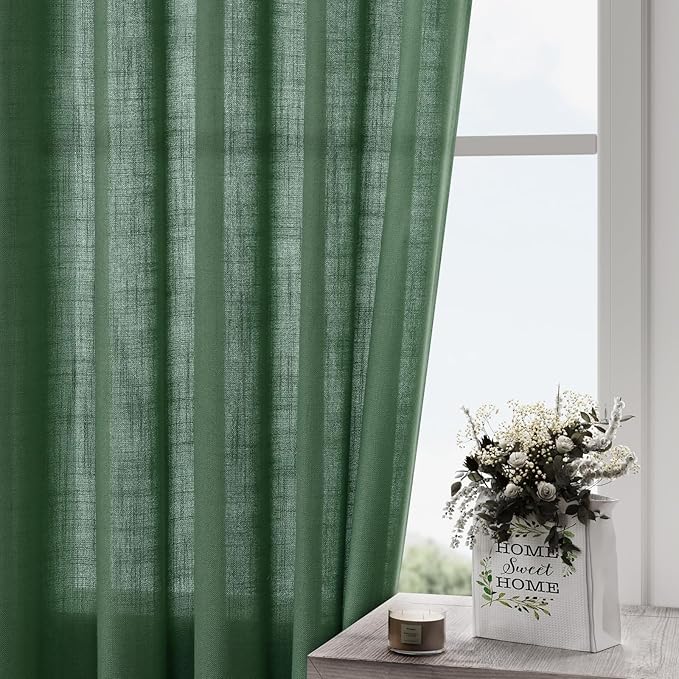 Green Semi Sheer Curtains 108 Inches Long 2 Panels Set Back Tab Loop Pocket - Image 2