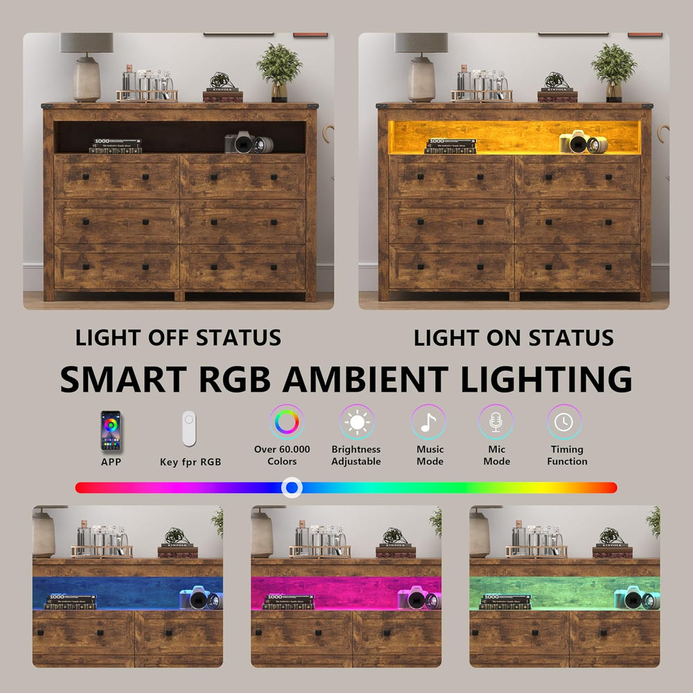 Xixini Dresser for Bedroom with 6 Drawers, LED Lights, Power Outlet, Brown