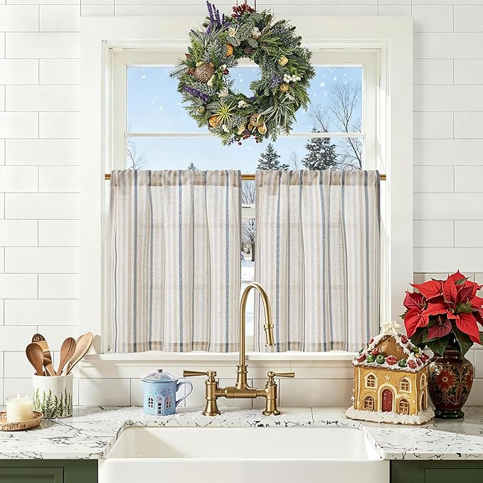 jinchan Colorful Striped Linen Kitchen Curtains 24 Inch Christmas Tier Curtains by JINCHAN