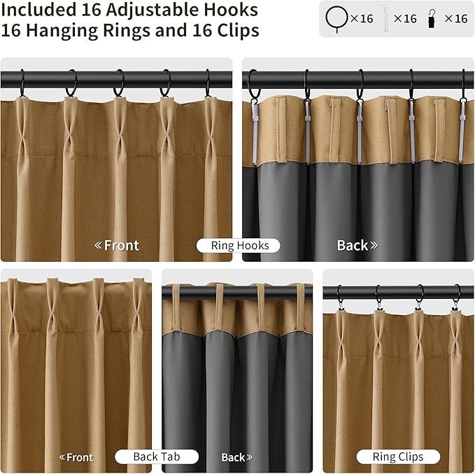 Joywell Pinch Pleated Linen 100% Blackout Curtains 2 Panels Set Black Out Camel - Image 3