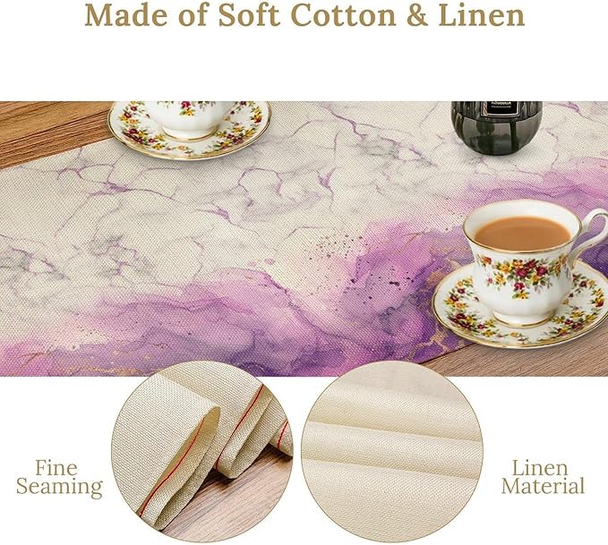 Abstract Marble Dining Table Runner, Modern Purple Golden Watercolor Table - Image 6