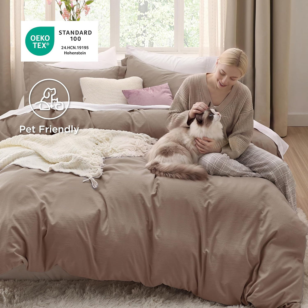 Bedsure Prewashed Duvet Cover King, Cotton-Like Soft Bedding Set, Khaki