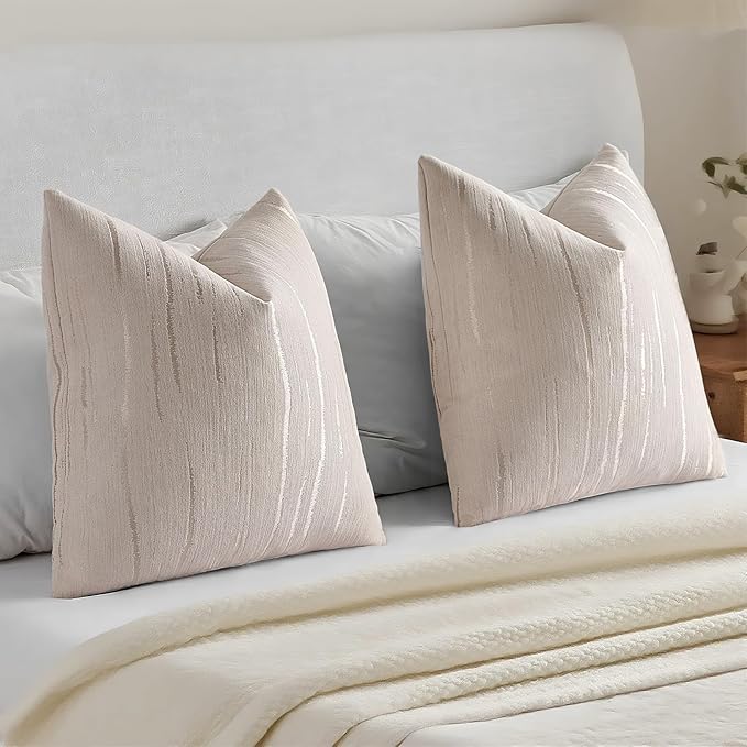 HAUSSY Beige Throw Pillow Covers 24x24 Inch Set of 2, Boho Embossed Striped - Image 6