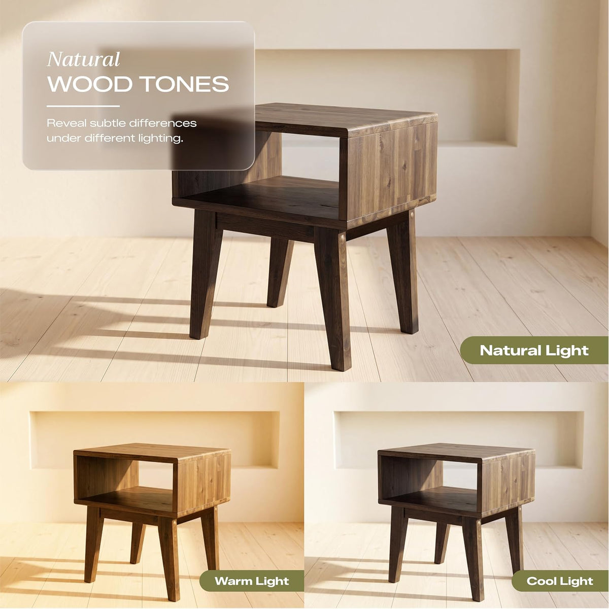 acacia serena nightstand solid wood nightstand with open, front angle view