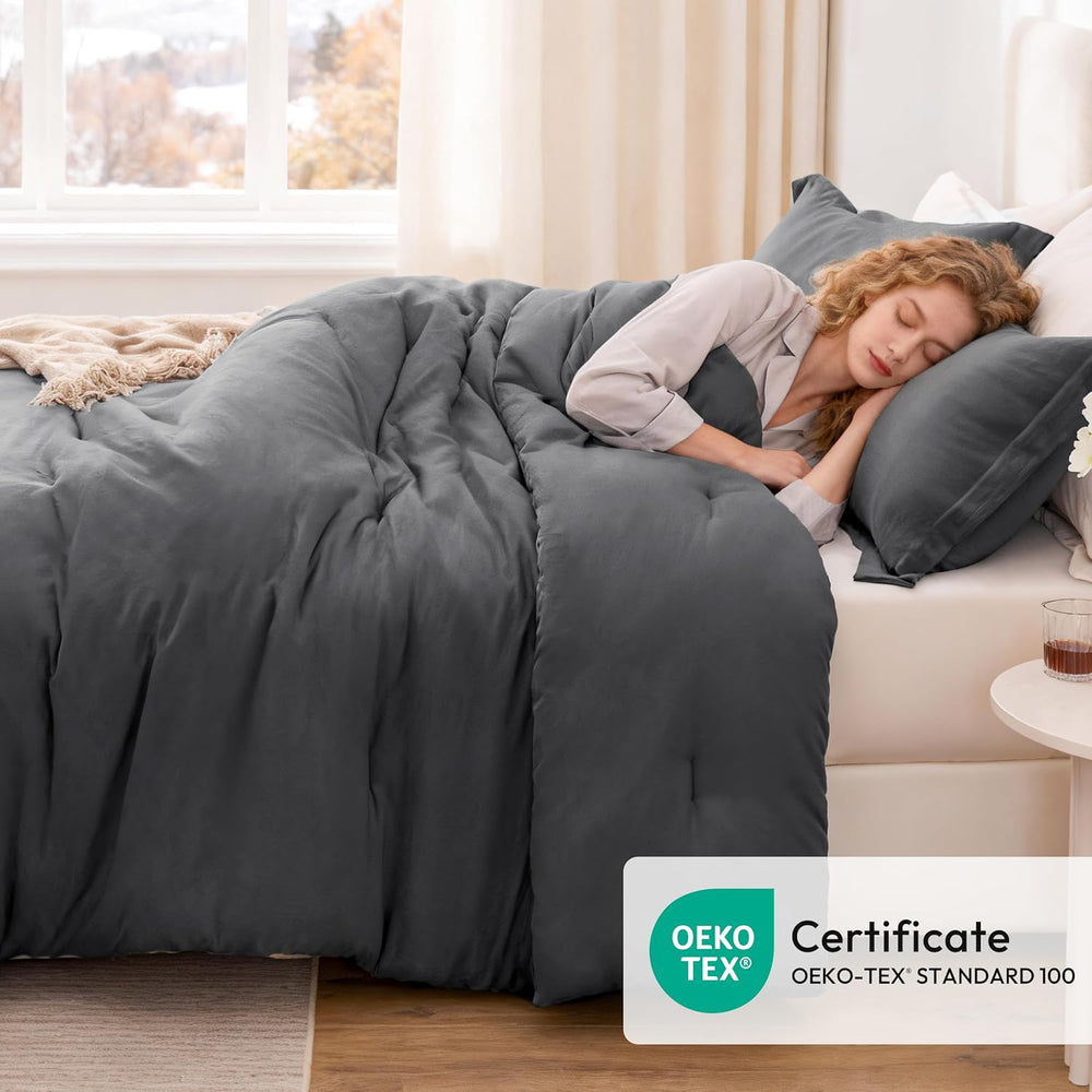 Love's cabin Dark Grey Queen Comforter Set, 3-Piece Prewashed Bed Set
