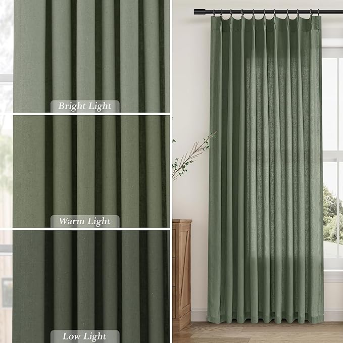Olive Green Pinch Pleated Linen Curtains 95 Inches Long - Image 4