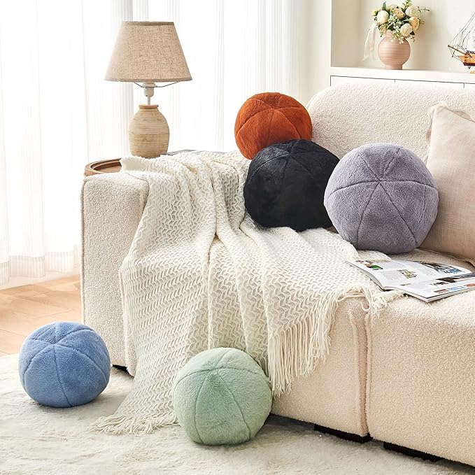 Uvvyui Dusty Blue Ball Pillow, 11.8" Cute Round Throw Pillow Faux Rabbit Fur - Image 5