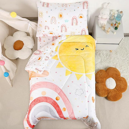 Toddler Bedding Set for Girls, 4 Piece Rainbow Toddler Girl Bedding Set by CARUILI