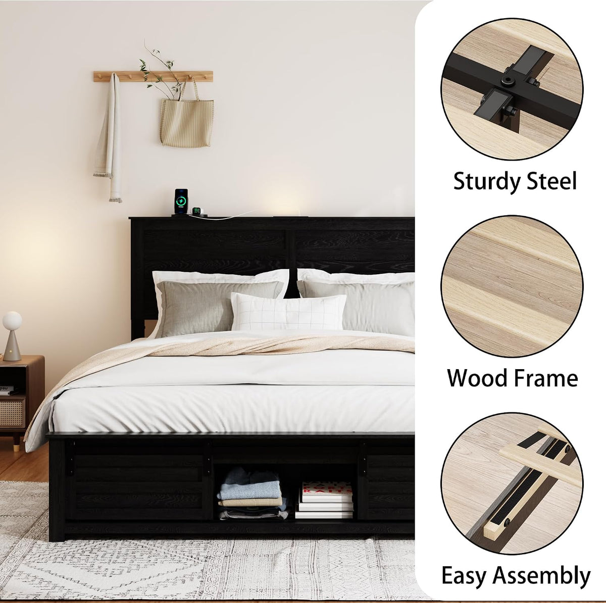 queen size wooden bed frame with headboard, farmhouse, side view