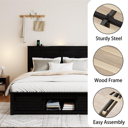 queen size wooden bed frame with headboard, farmhouse, side view