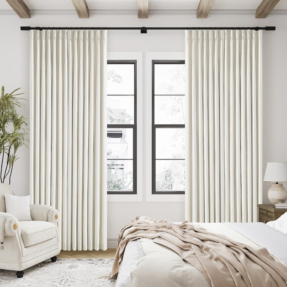 90 Inch Pinch Pleated Linen 100% Blackout Curtains 2 Panels Cream Natural