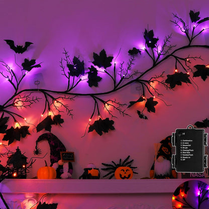 9 FT 72 LED Willow Vine Twig Decor Black Halloween Garland with Orange & Purple Lights, 8 Modes & Timer Waterproof Battery Operated for Home Fireplace Mantle Wall Office Indoor Halloween Decorations