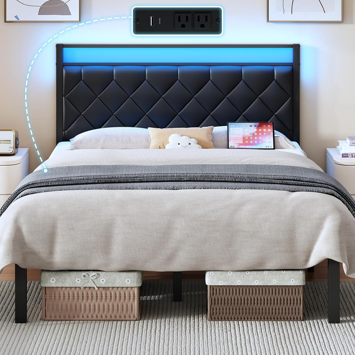 queen size bed frames with charging station &, main product view