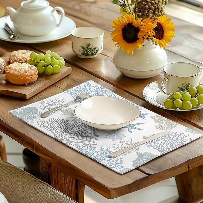 Summer Linen Placemats Set of 4 Nautical Coastal Theme Washable Non-Slip Heat - Image 6