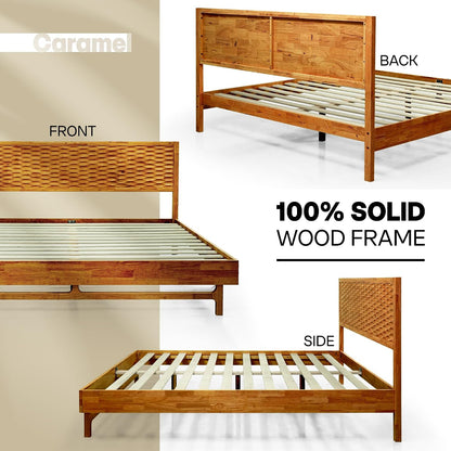 acacia elara wood bed frame with cnc-carved headboard, close-up detail