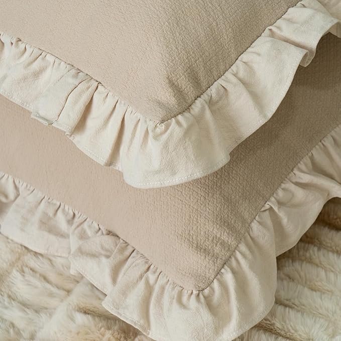 Pillow Shams Set of 2 Pure Cotton Champray Ruffled Edge, Thick and Solid Washed - Image 2