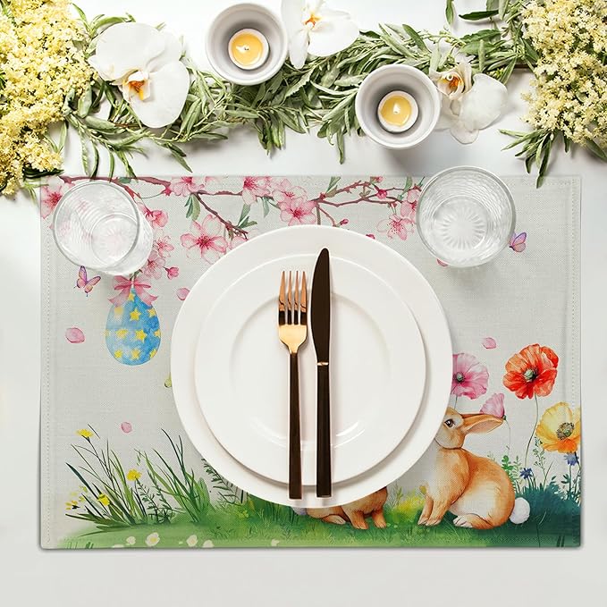 Giwawa Easter Placemats Set of 4 Spring Bunny Rabbits Flowers Place Mat 12x18 - Image 3