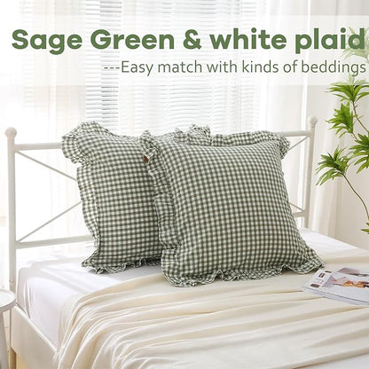 2 Pack Sage Green Plaid Ruffle Gingham Euro Shams Pillow Covers, 100% Washed - Image 2