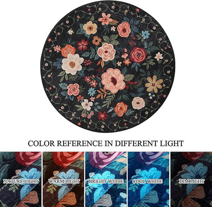DUKINO Floral Round Rug, 4ft Washable Round Area Rug, Non Slip Indoor Low Pile - Image 8