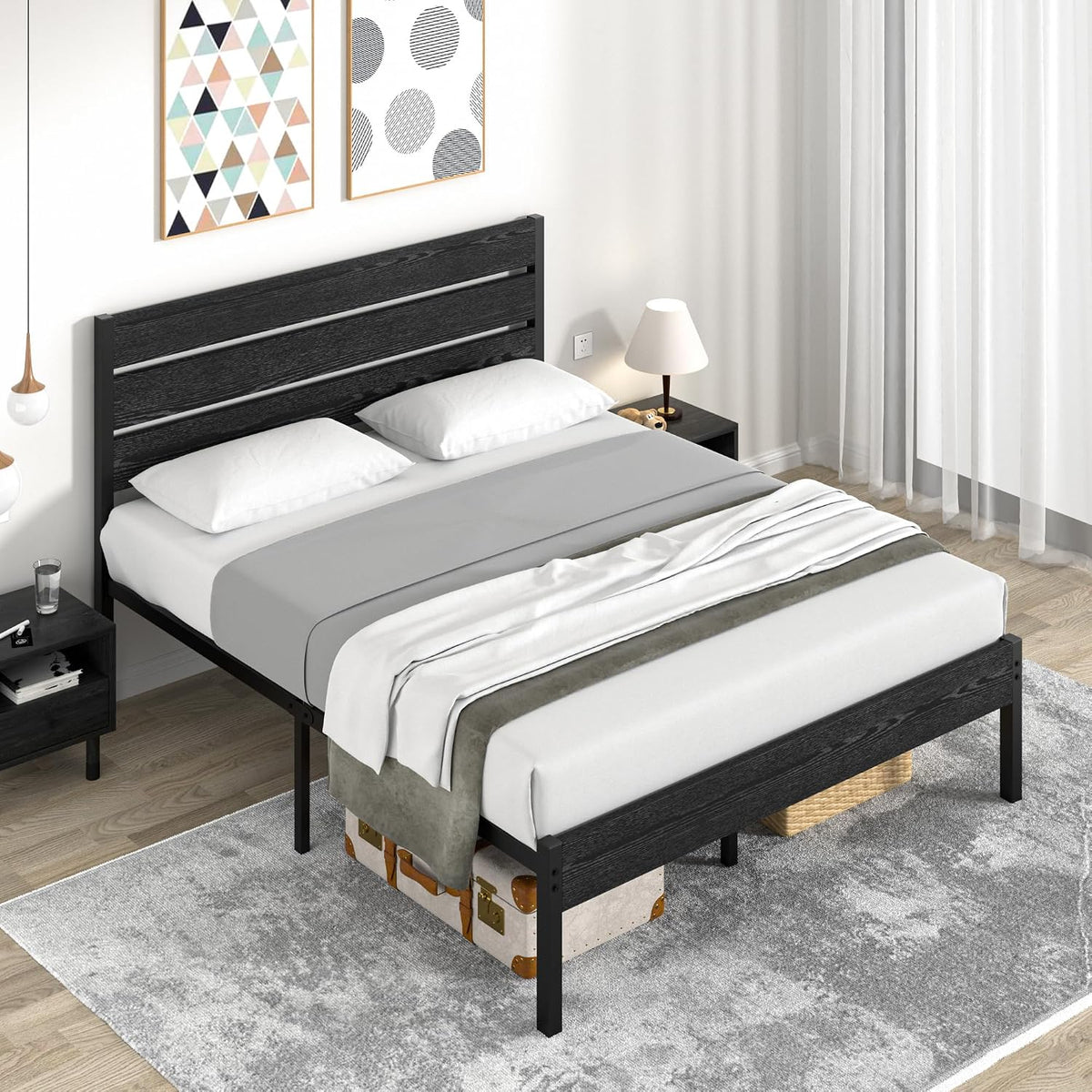 vecelo queen size bed frame - heavy-duty metal, side view