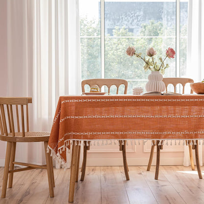 Burnt Orange Linen Rectangle Table Cloth with Tassel Farmhouse Burlap Tablecloths for Kitchen Dining Heavyweight Oblong Table Covering Cloth Autumn Fall Halloween Holiday Boho Decor, 55x102 Inch
