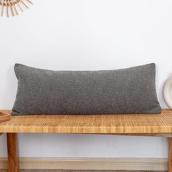 14x36 inch Boucle Lumbar Pillow Cover, Dark Brown Woven Texture Neutral Long - Image 2