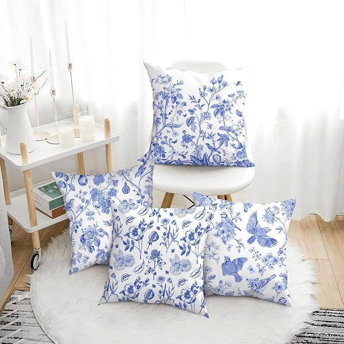 Blue Floral Bird Pillow Covers 18x18 Inch, Chinoiserie Throw Pillow Cases Set - Image 5